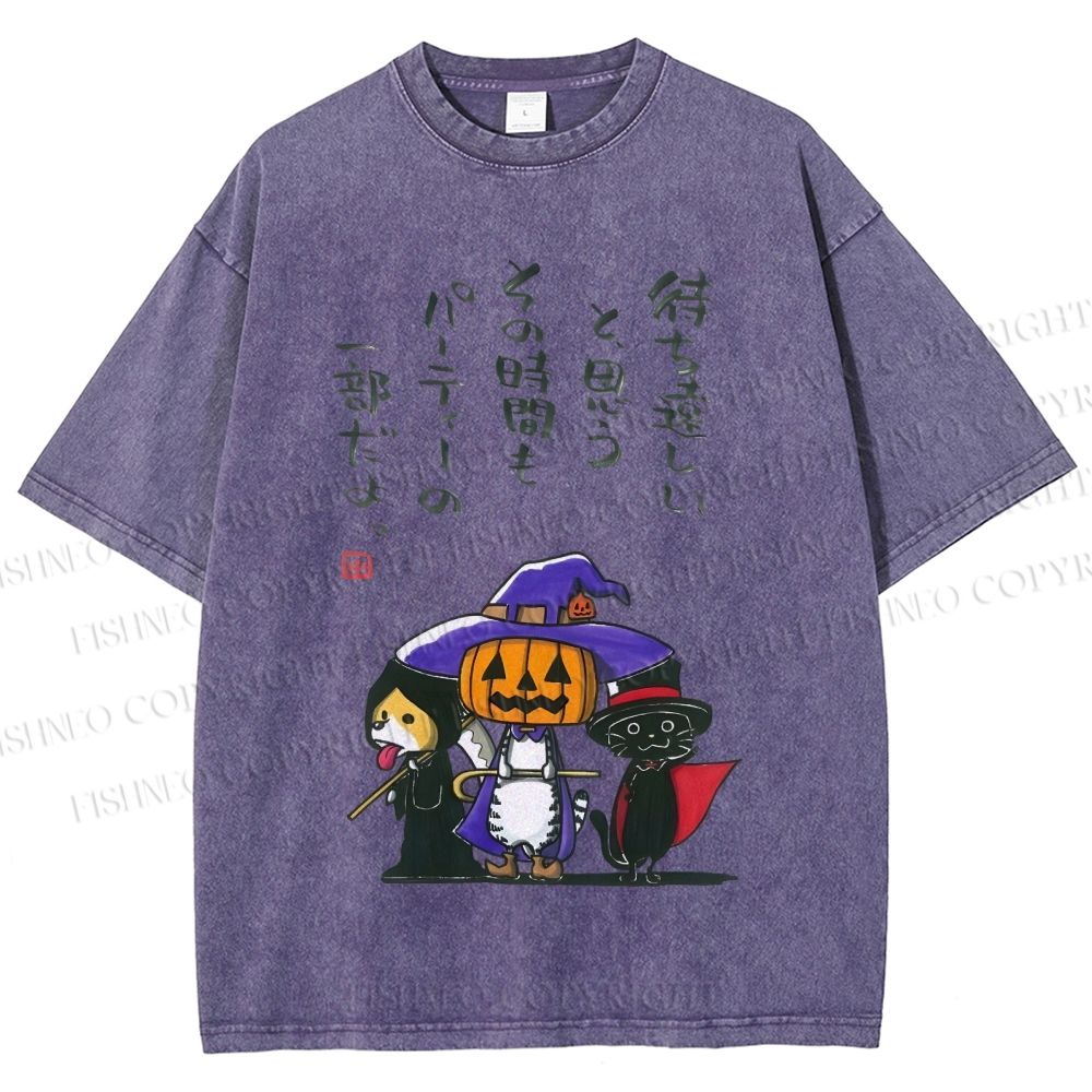 Unisex Halloween Cat Dog Printed Washed Tee