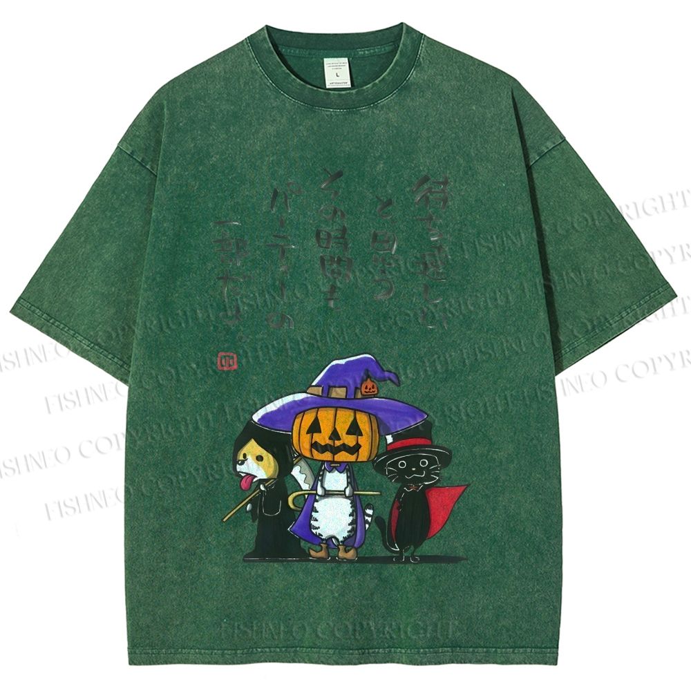 Unisex Halloween Cat Dog Printed Washed Tee
