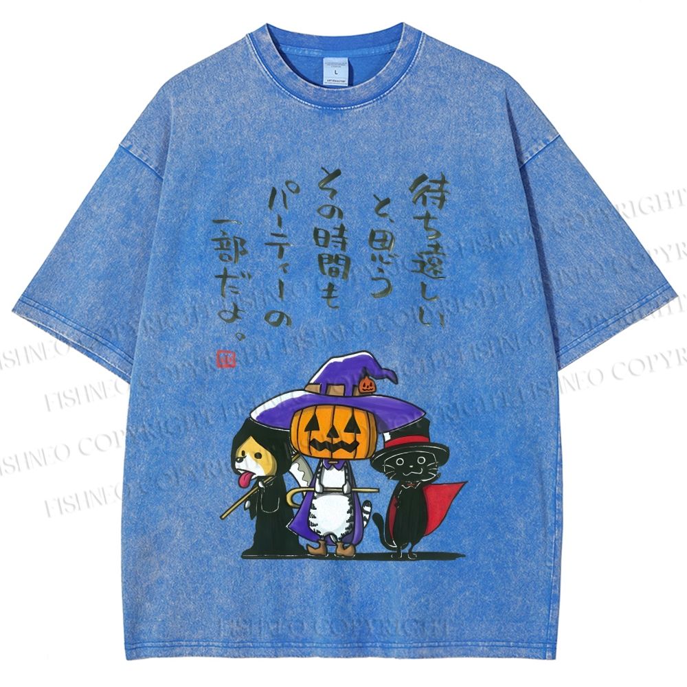 Unisex Halloween Cat Dog Printed Washed Tee
