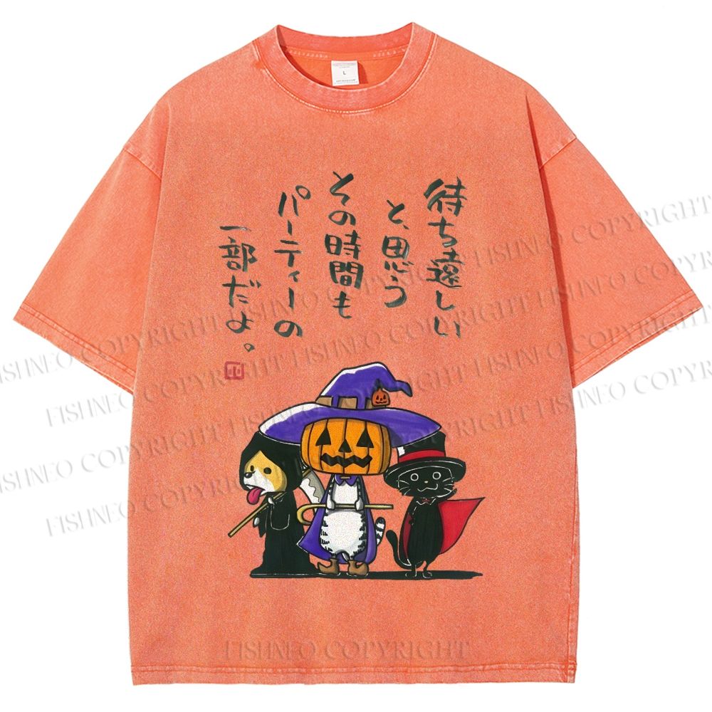 Unisex Halloween Cat Dog Printed Washed Tee