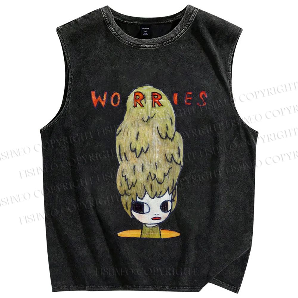 Unisex Japanese Art Yoshitomo Nara Worries Printed Washed Tank Top