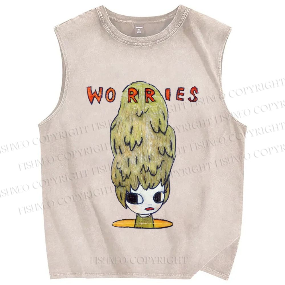 Unisex Japanese Art Yoshitomo Nara Worries Printed Washed Tank Top