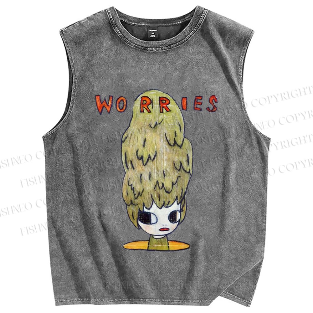 Unisex Japanese Art Yoshitomo Nara Worries Printed Washed Tank Top