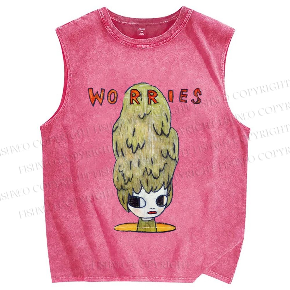 Unisex Japanese Art Yoshitomo Nara Worries Printed Washed Tank Top
