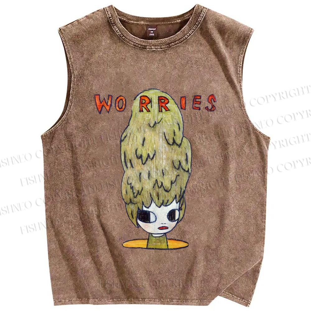 Unisex Japanese Art Yoshitomo Nara Worries Printed Washed Tank Top