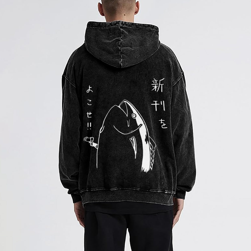 Fish Vintage Washed Cotton Back Art Hoodie