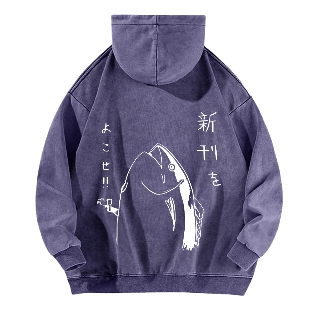 Fish Vintage Washed Cotton Back Art Hoodie