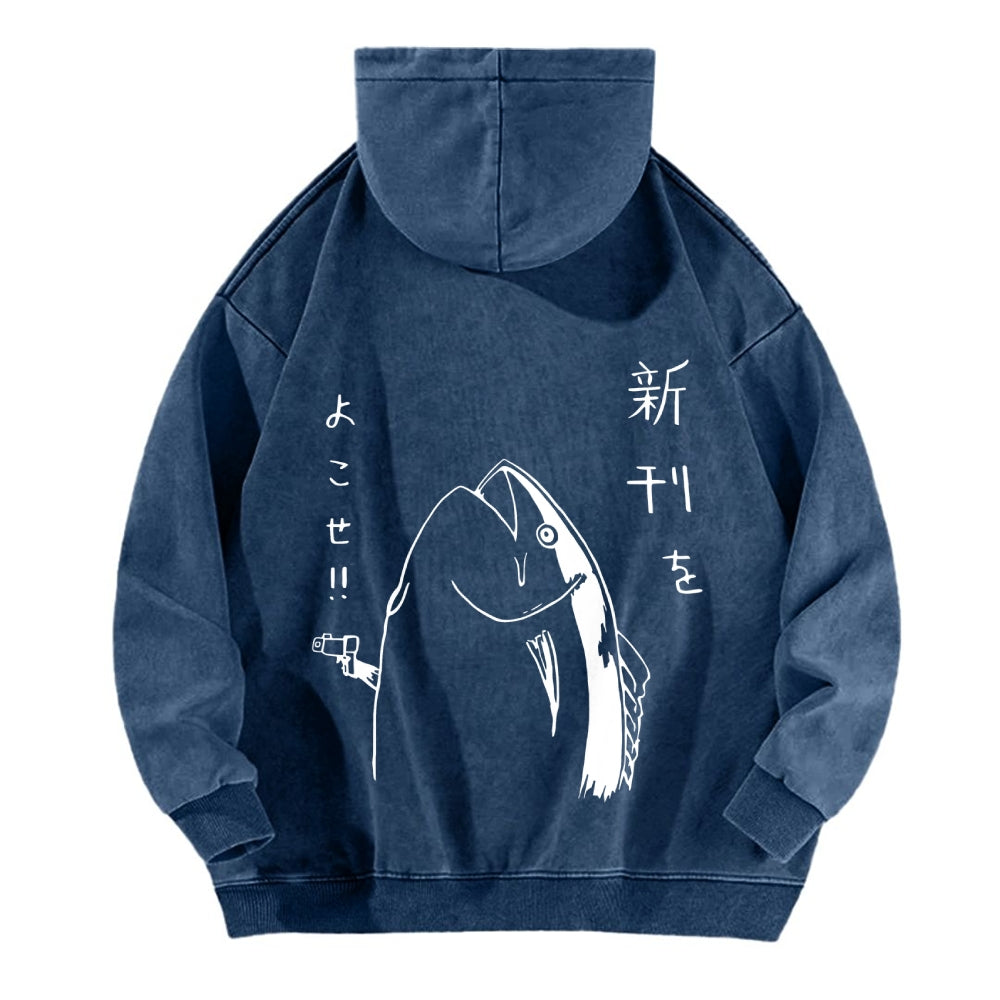 Fish Vintage Washed Cotton Back Art Hoodie