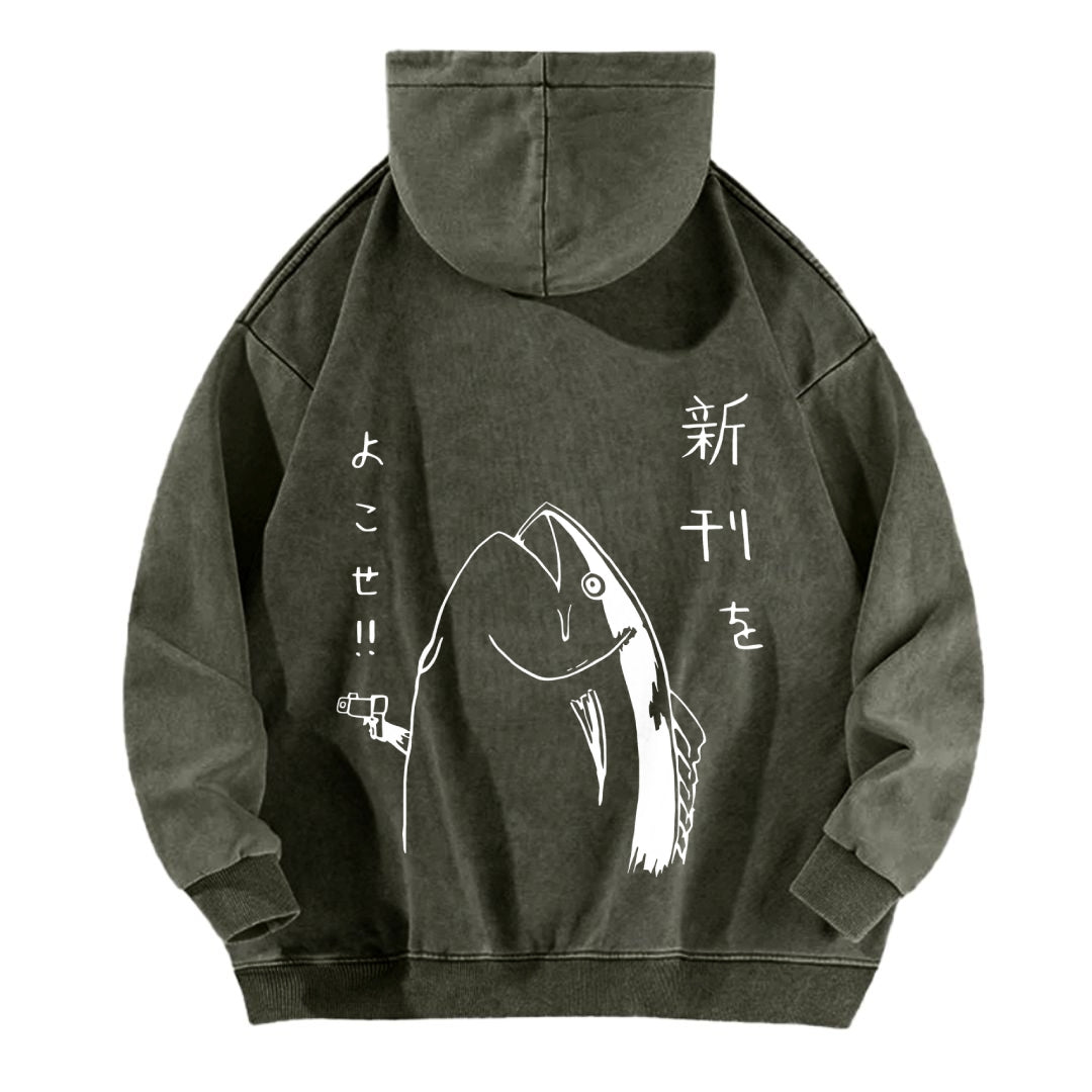 Fish Vintage Washed Cotton Back Art Hoodie