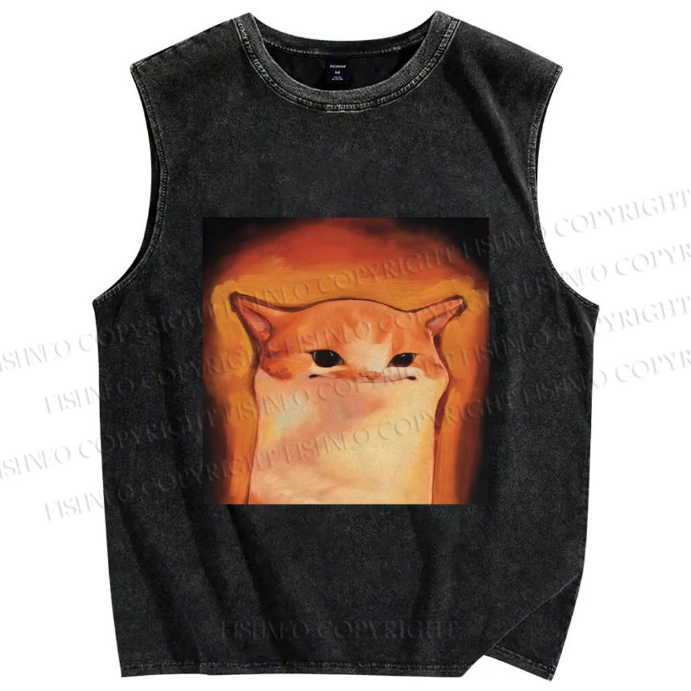 Unisex Funny Cat Printed Washed Tank Top