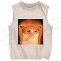 Unisex Funny Cat Printed Washed Tank Top