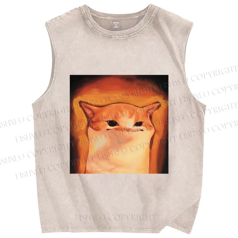 Unisex Funny Cat Printed Washed Tank Top