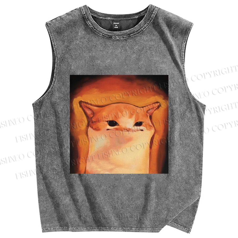 Unisex Funny Cat Printed Washed Tank Top