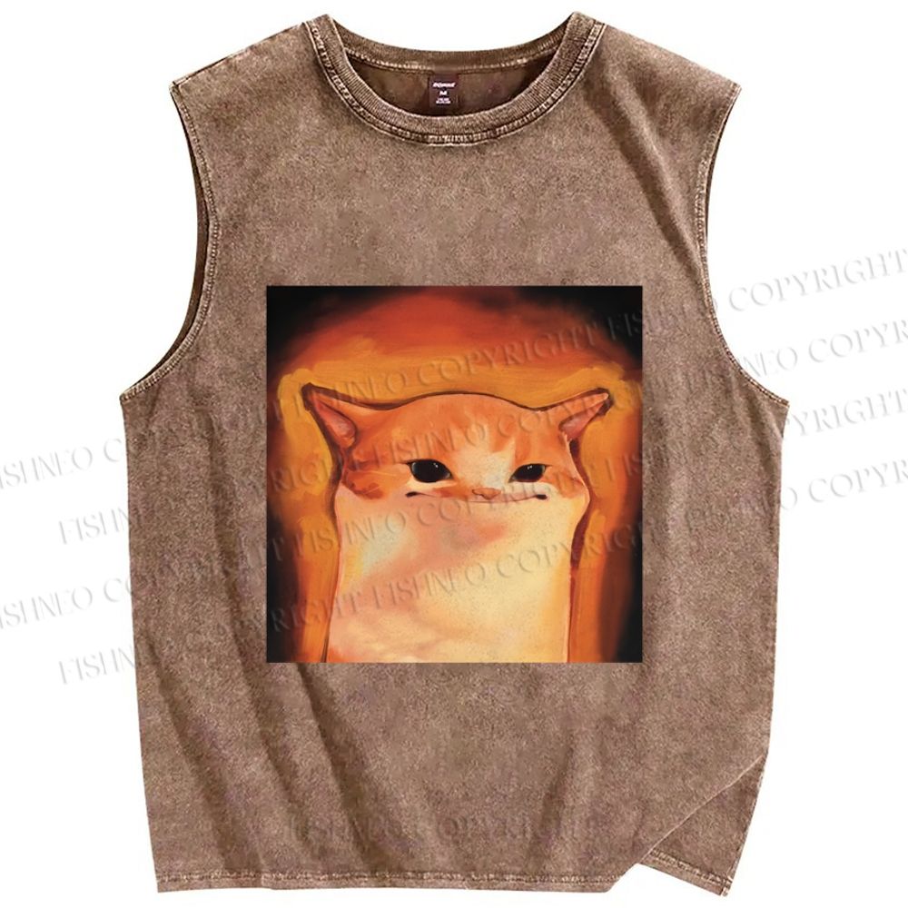 Unisex Funny Cat Printed Washed Tank Top