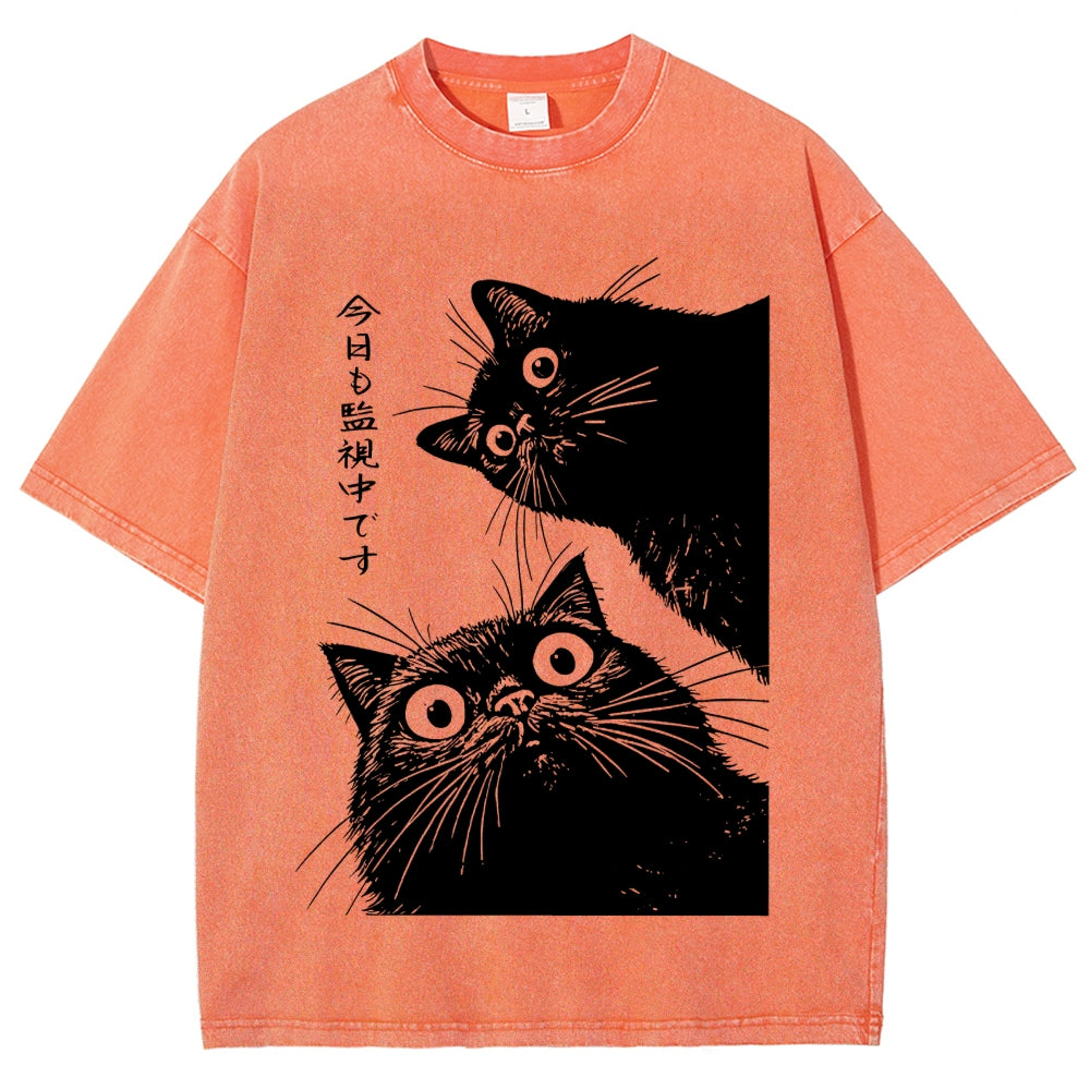 The Cat is Watching Today Washed T-Shirt
