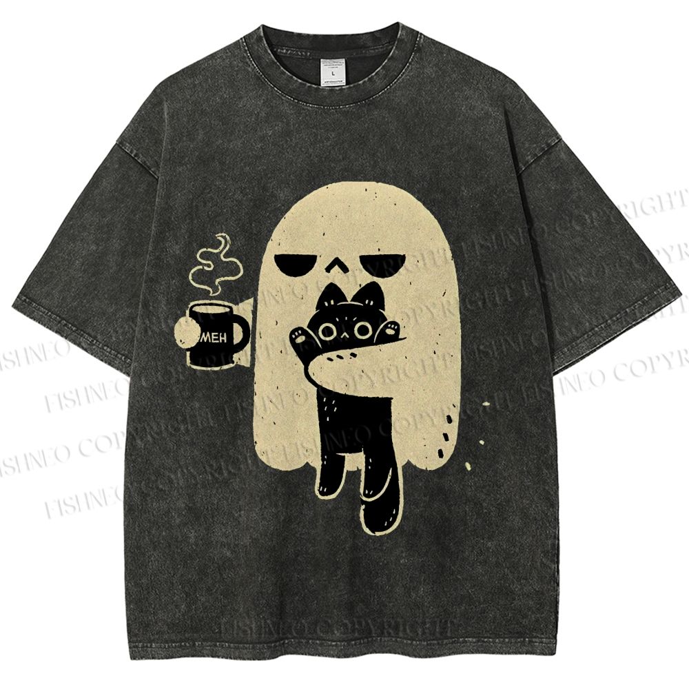 Unisex Cat Ghost Printed Washed Tee