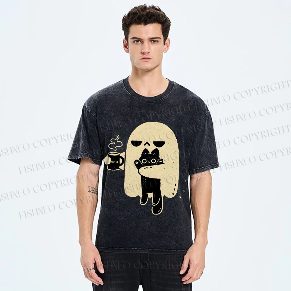 Unisex Cat Ghost Printed Washed Tee