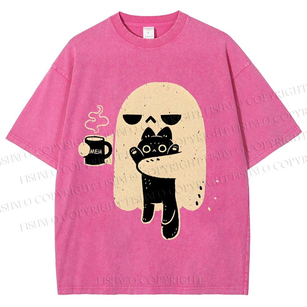 Unisex Cat Ghost Printed Washed Tee