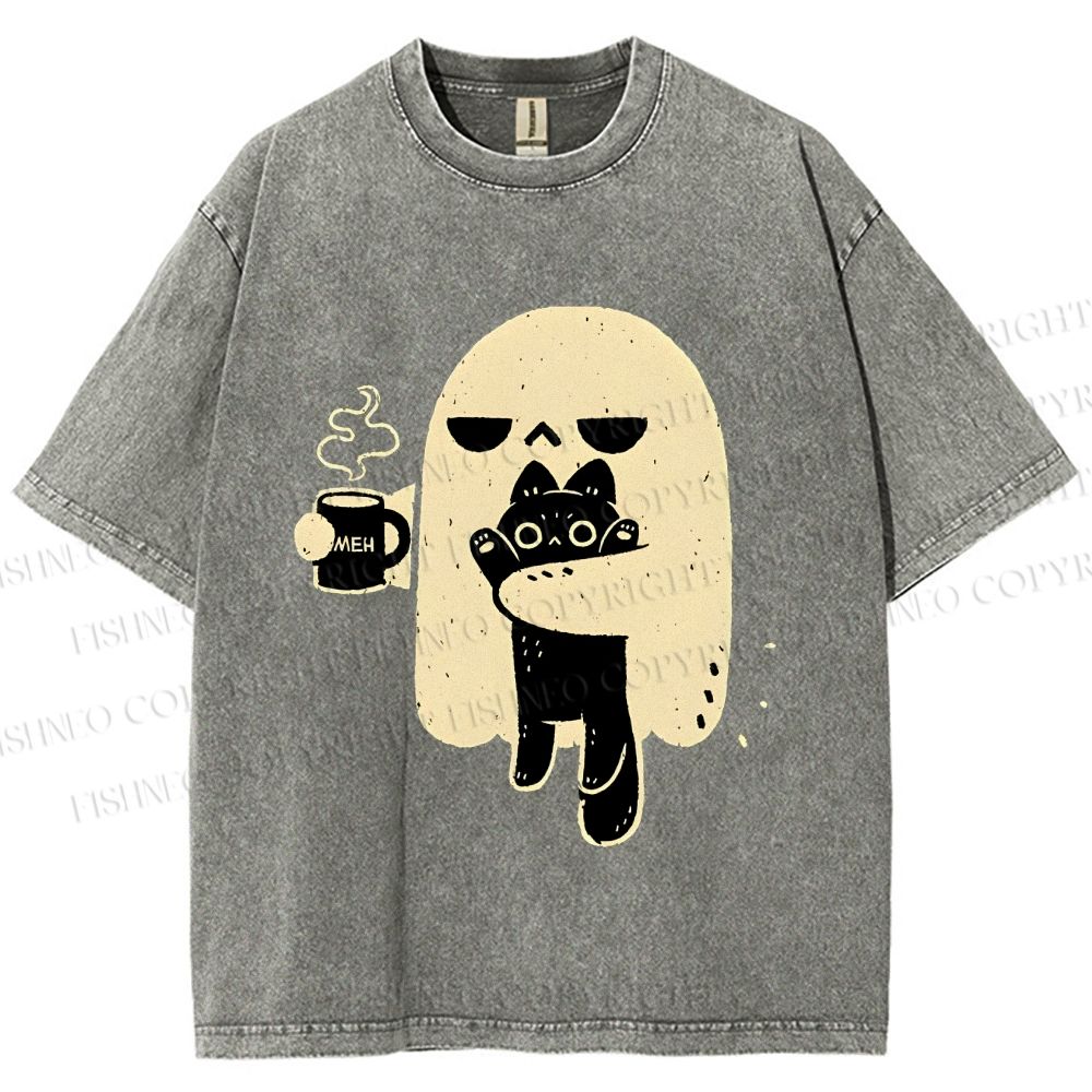 Unisex Cat Ghost Printed Washed Tee