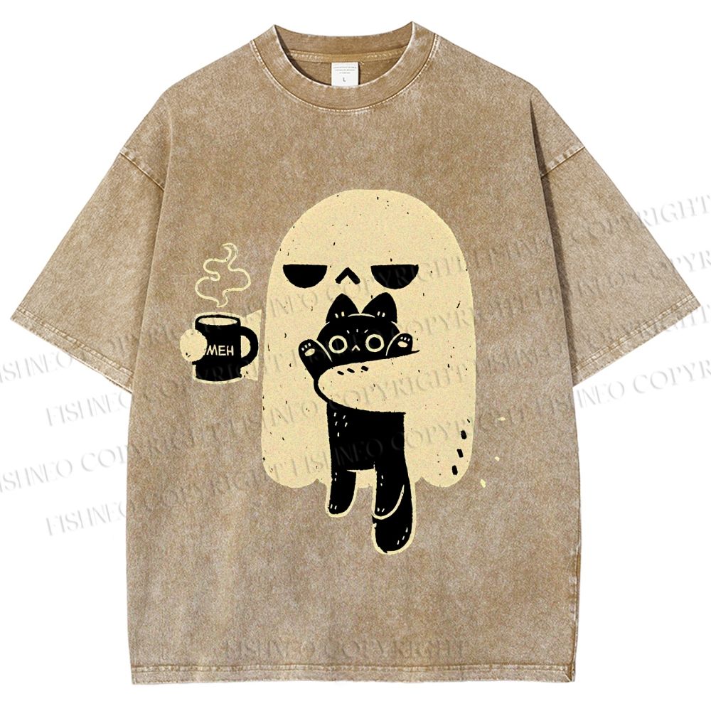 Unisex Cat Ghost Printed Washed Tee