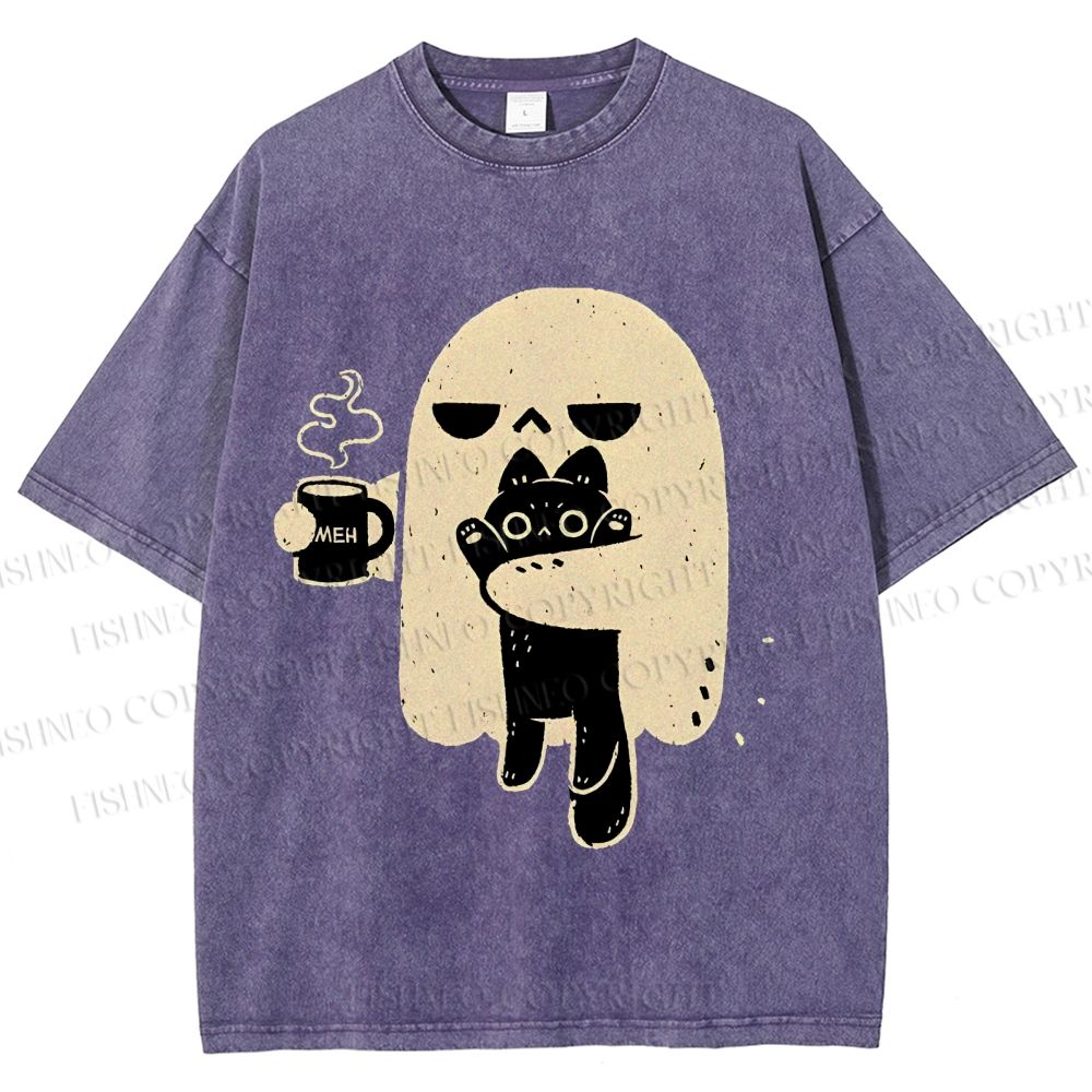 Unisex Cat Ghost Printed Washed Tee