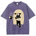 Unisex Cat Ghost Printed Washed Tee