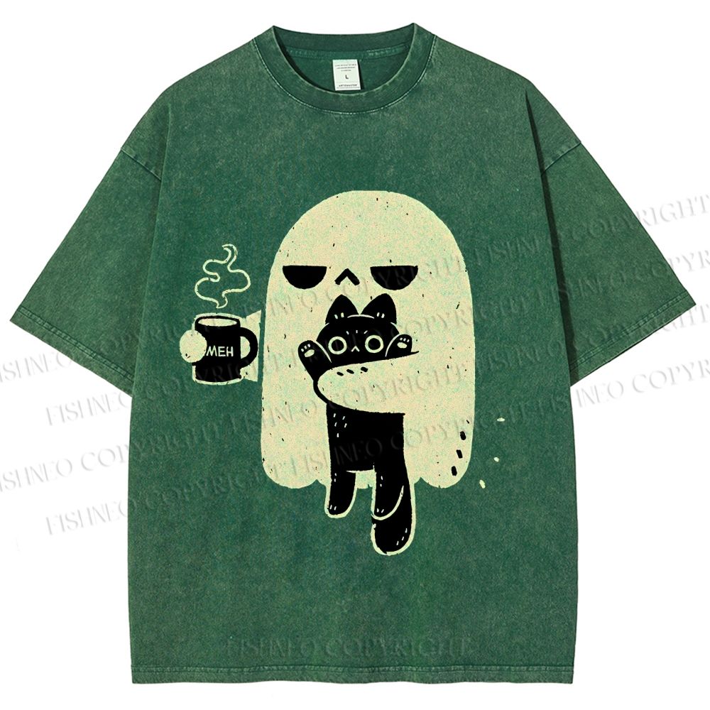 Unisex Cat Ghost Printed Washed Tee