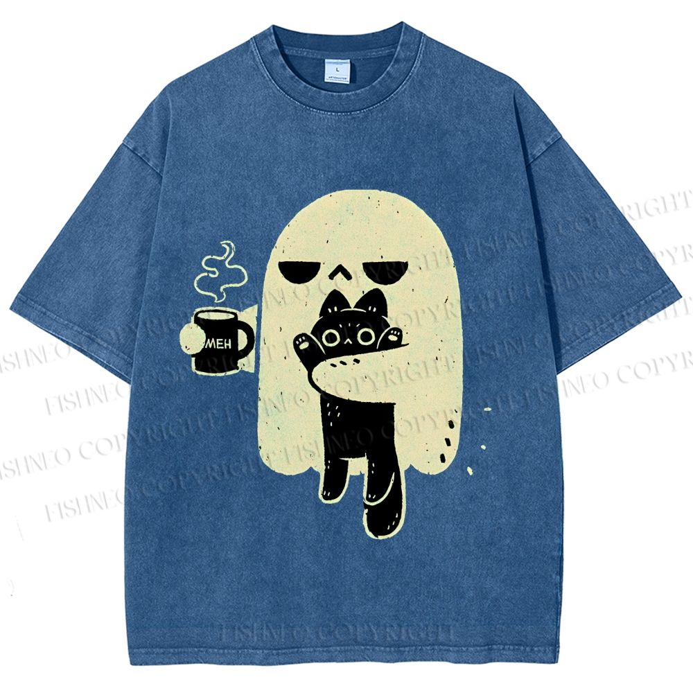 Unisex Cat Ghost Printed Washed Tee