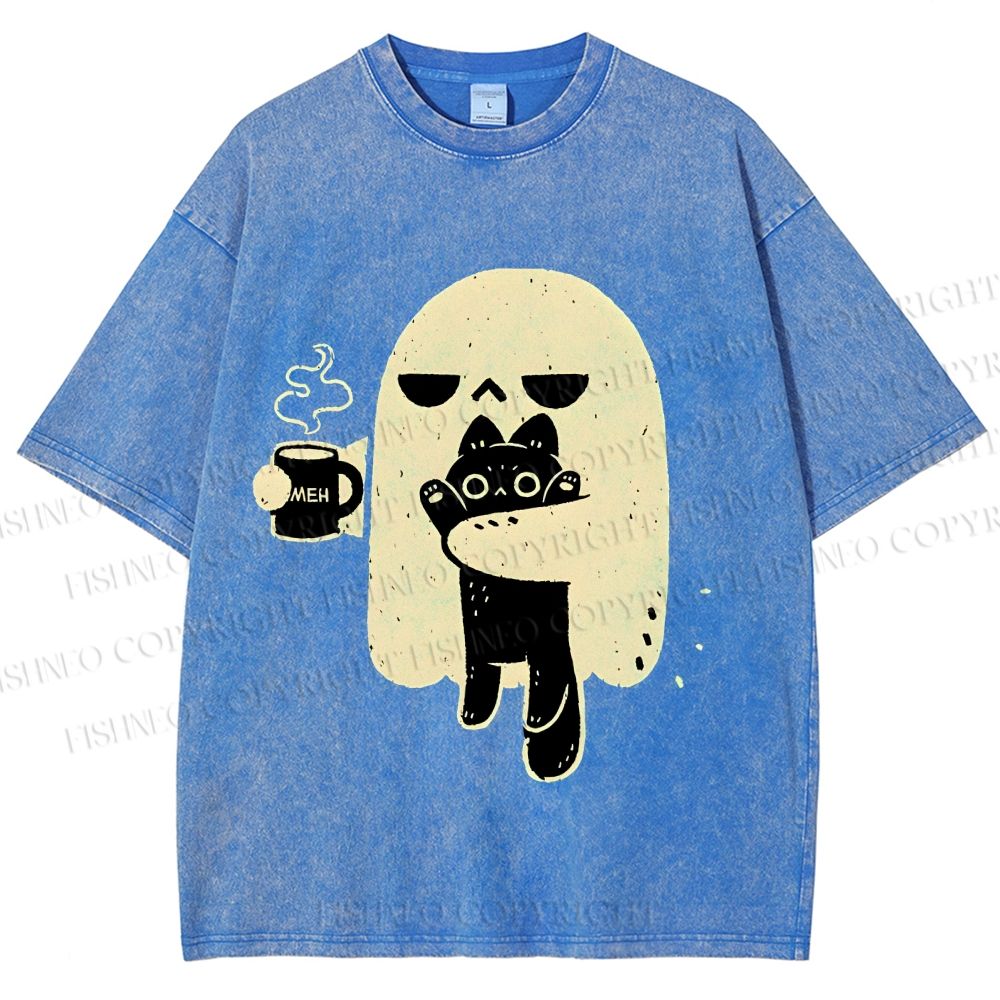 Unisex Cat Ghost Printed Washed Tee