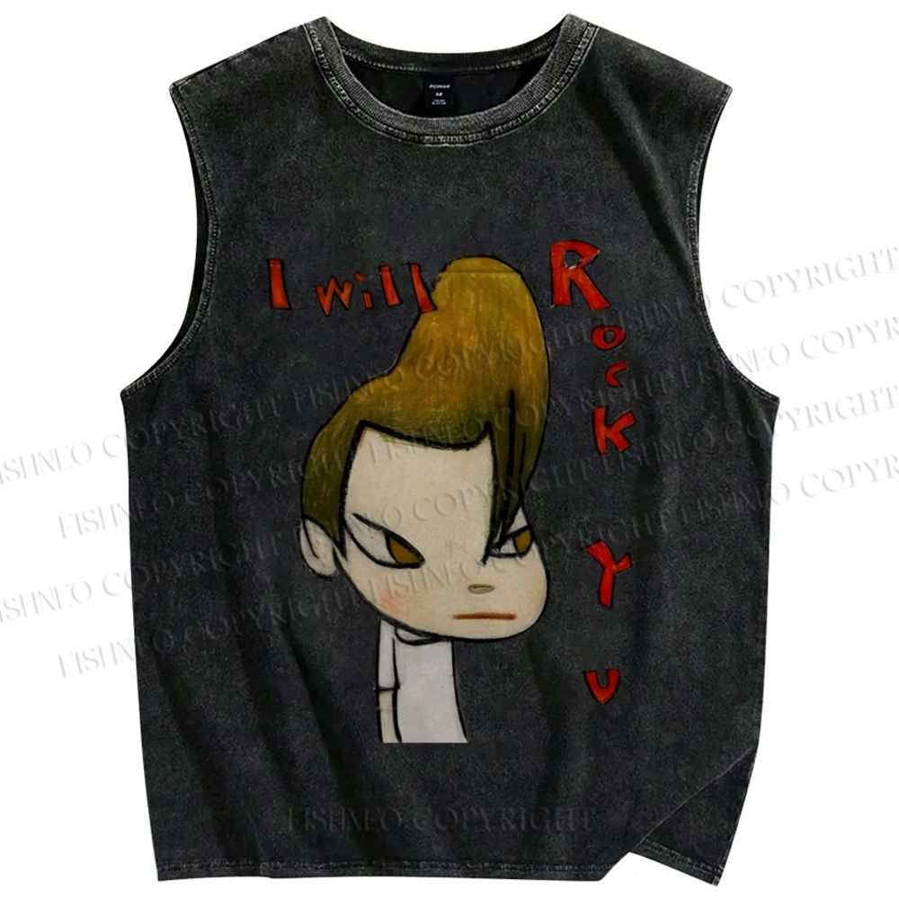 Unisex Yoshitomo Nara Will Rock You Printed Washed Tank Top