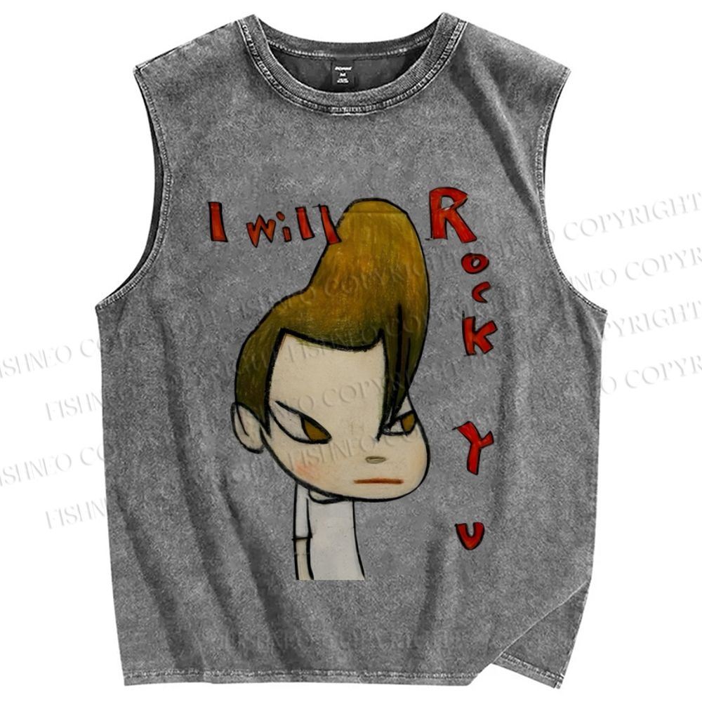 Unisex Yoshitomo Nara Will Rock You Printed Washed Tank Top