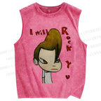 Unisex Yoshitomo Nara Will Rock You Printed Washed Tank Top