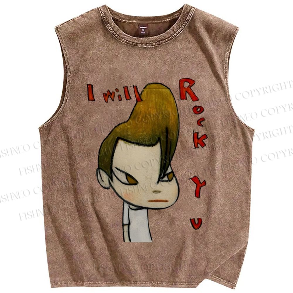 Unisex Yoshitomo Nara Will Rock You Printed Washed Tank Top