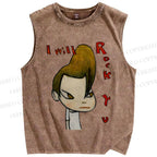 Unisex Yoshitomo Nara Will Rock You Printed Washed Tank Top