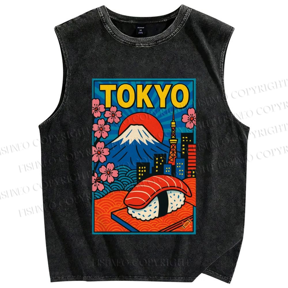 Unisex Japanese Fuji Sushi Sakura Tokyo Printed Washed Tank Top