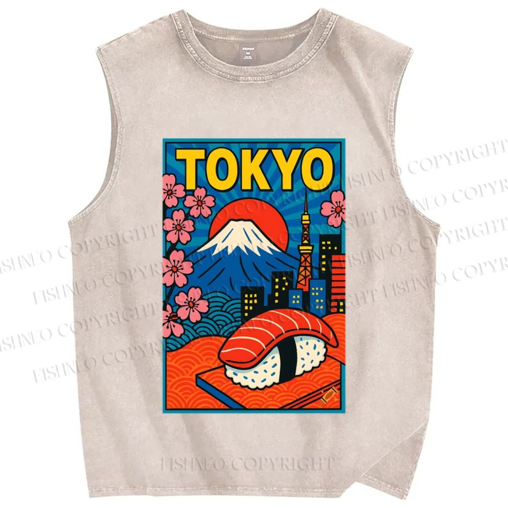 Unisex Japanese Fuji Sushi Sakura Tokyo Printed Washed Tank Top