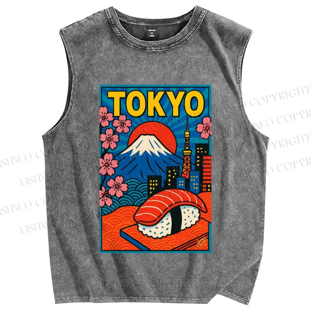 Unisex Japanese Fuji Sushi Sakura Tokyo Printed Washed Tank Top