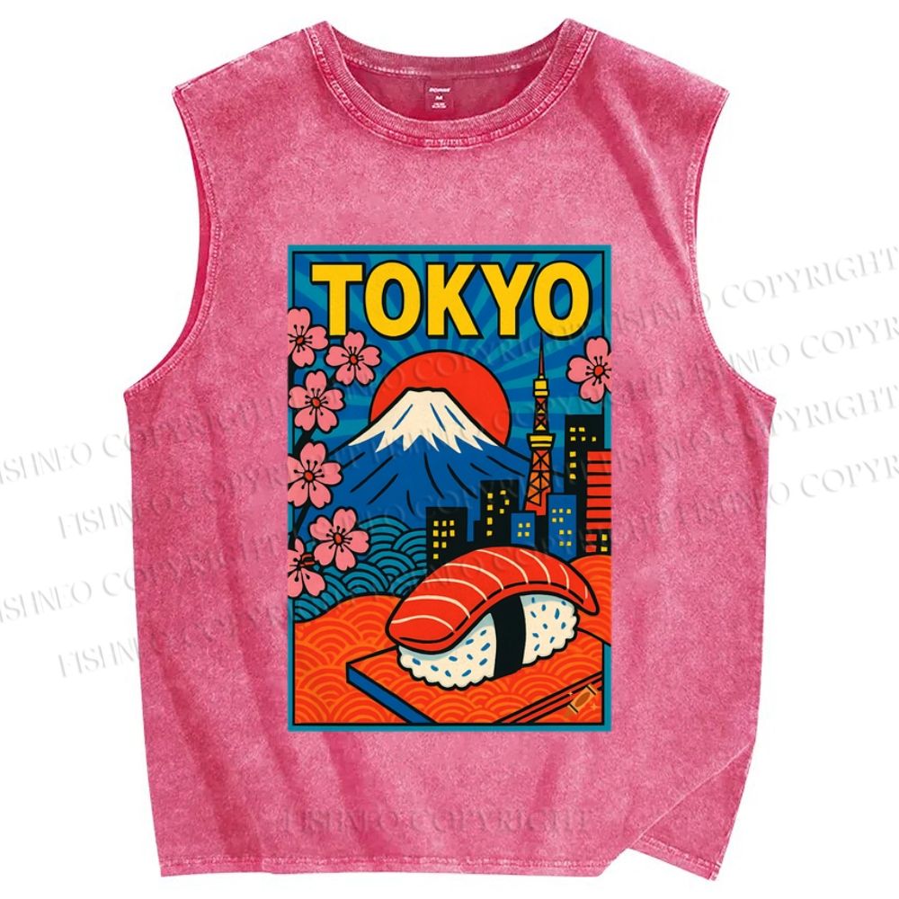 Unisex Japanese Fuji Sushi Sakura Tokyo Printed Washed Tank Top