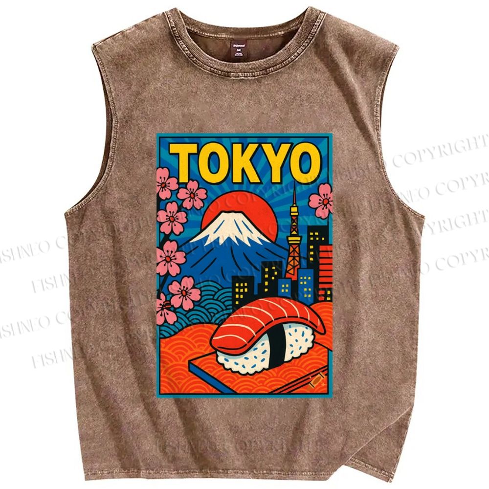 Unisex Japanese Fuji Sushi Sakura Tokyo Printed Washed Tank Top