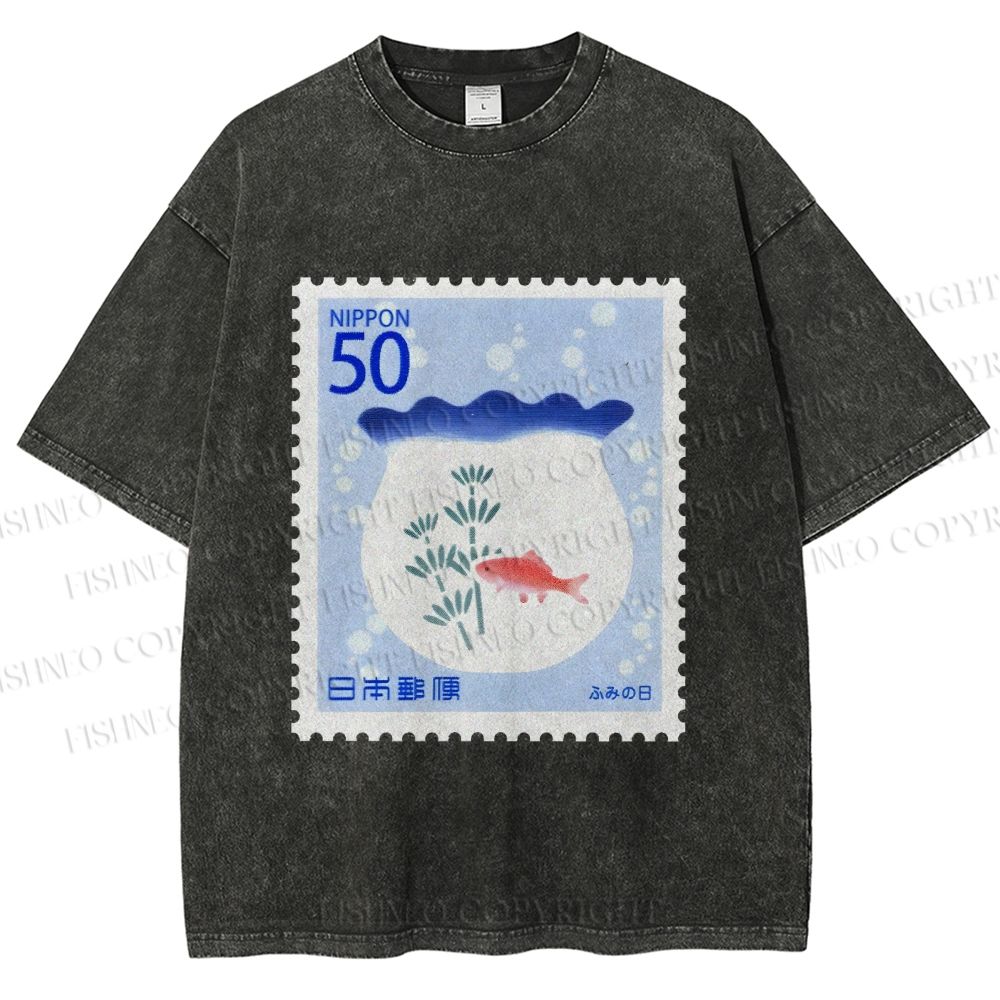 Unisex Vintage Fish Tank Stamp Printed Washed Tee