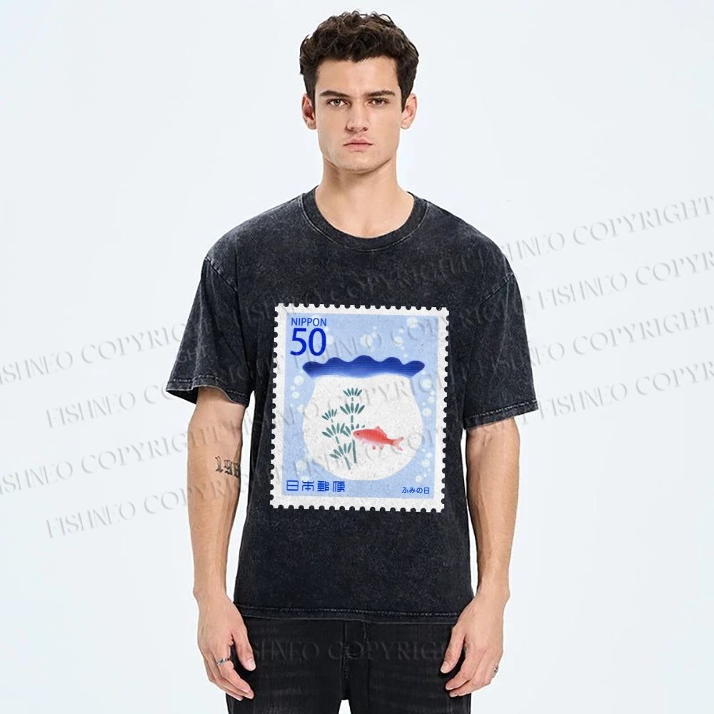 Unisex Vintage Fish Tank Stamp Printed Washed Tee