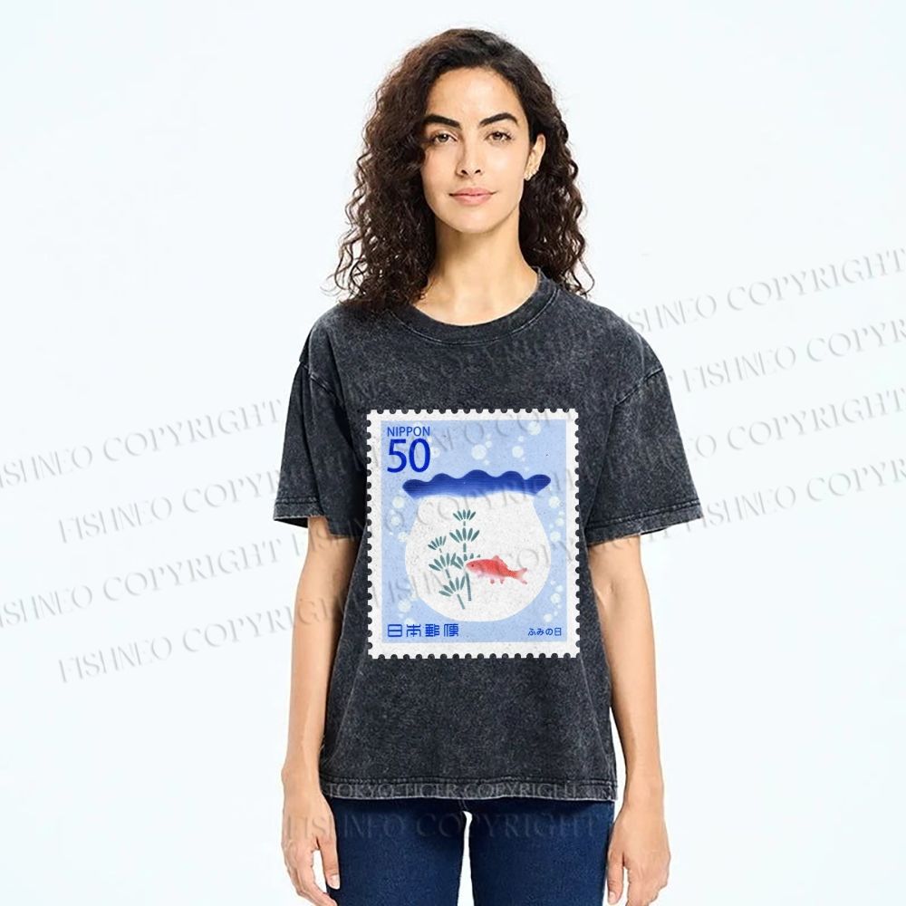 Unisex Vintage Fish Tank Stamp Printed Washed Tee