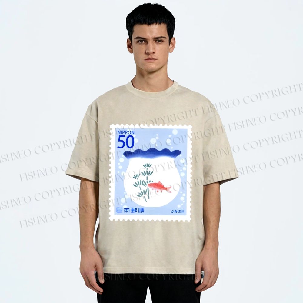 Unisex Vintage Fish Tank Stamp Printed Washed Tee