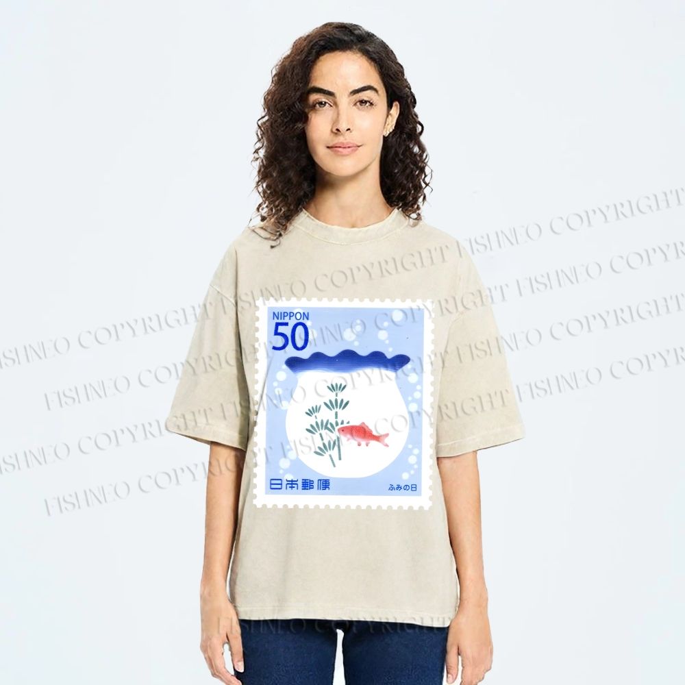 Unisex Vintage Fish Tank Stamp Printed Washed Tee