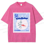 Unisex Vintage Fish Tank Stamp Printed Washed Tee