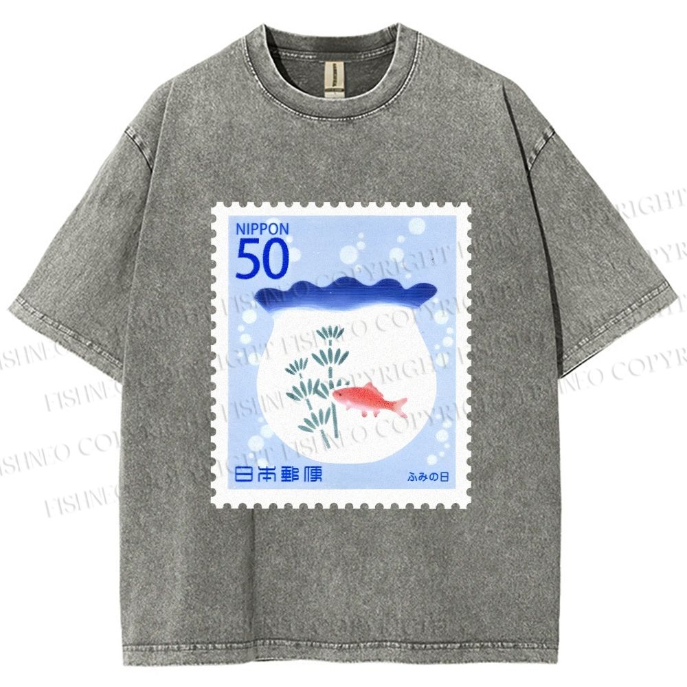 Unisex Vintage Fish Tank Stamp Printed Washed Tee