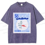 Unisex Vintage Fish Tank Stamp Printed Washed Tee