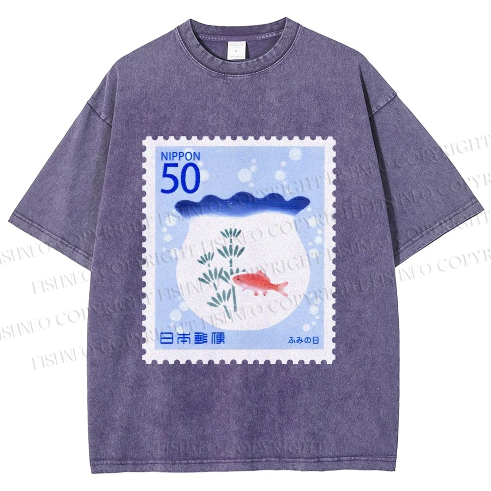Unisex Vintage Fish Tank Stamp Printed Washed Tee