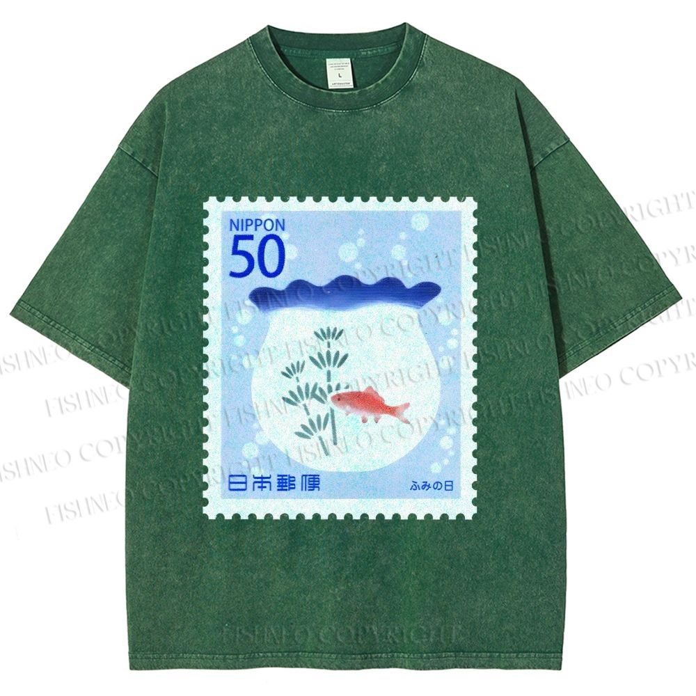 Unisex Vintage Fish Tank Stamp Printed Washed Tee