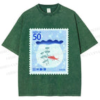 Unisex Vintage Fish Tank Stamp Printed Washed Tee